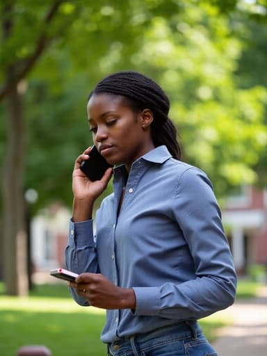 40대 중반의 흑인 여성 모델이 캐주얼한 블라우스와 청바지를 입고, 전화기를 귀에 대고 슬픈 표정으로 고민에 빠진 모습의 반신사진입니다. 배경은 나무들이 우거진 조용한 대학 캠퍼스로, 그녀의 감정 상태를 잘 드러내는 아늑하고 조용한 분위기를 자아냅니다.