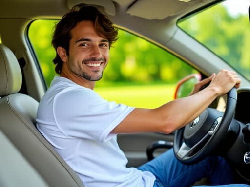 20대 후반의 라틴계 남성이 자연스러운 외모로 캐주얼한 흰색 티셔츠와 청바지를 입고, 스티어링 휠을 잡고 즐거운 미소를 지으며 운전하는 모습입니다. 배경은 햇살 좋은 야외에서 푸른 나무와 잔디로 가득 차 있습니다.