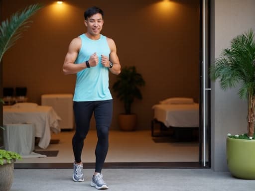 30대 중반의 동양인 남성이 운동복과 러닝화를 착용하고 편안한 분위기의 마사지샵 앞에서 달리기를 준비하며 열정적인 표정을 짓고 있습니다. 마사지샵의 아늑한 내부는 그가 가진 결단력 있는 모습과 잘 어우러져 피트니스와 휴식이 완벽하게 조화를 이루는 이미지를 만듭니다.