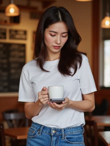 20대 후반의 한국 여성 한 명이 아늑한 카페에서 캐주얼한 티셔츠와 청바지를 입고 서 있습니다. 한 손에는 커피 컵을 들고, 다른 손으로 스마트폰을 바라보며 피곤하지만 여유로운 표정을 짓고 있습니다. 배경에는 다양한 커피 메뉴가 적힌 칠판이 있어 따뜻한 분위기를 더합니다.