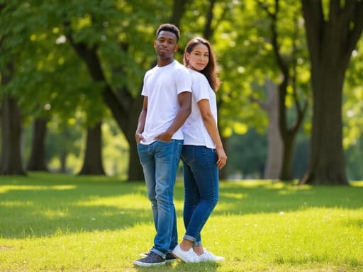 차분한 공원에서 함께 서 있는 10대 후반의 아프리카계 남성과 그의 연인의 반신 촬영. 편안한 캐주얼 복장을 입고 있으며, 푸른 나무와 잔디의 평화로운 배경이 그들의 차분한 표정을 더욱 강조합니다. 자연스러운 포즈로 그들의 유대감을 표현합니다.