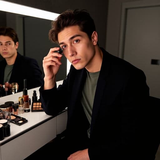 30대 초반의 백인 남성이 세련된 캐주얼 의상을 입고 현대적인 화장대 거울 앞에 서 있습니다. 그는 분노한 표정으로 화장품을 강하게 바르며 강렬한 눈빛을 보내고 있습니다. 세련된 화장대 설정이 전체적인 미적 감각을 높이며, 패션과 강렬한 감정을 조화롭게 담고 있습니다.