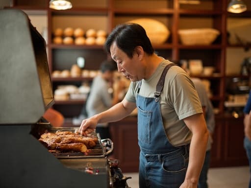 50대 초반 한국인 남성이 편안한 티셔츠와 청바지를 입고 바베큐를 준비하며 절망한 표정을 짓고 있는 반신상. 신발을 신고 바베큐 그릴을 바라보며, 배경에는 다양한 빵이 진열된 아늑한 베이커리 내부가 있어 따뜻하면서도 우울한 분위기를 자아냅니다.