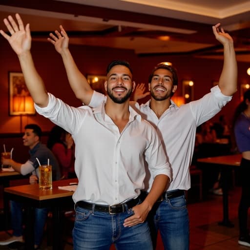 30대 초반의 친근한 라틴계 남성이 캐주얼한 흰색 셔츠와 청바지를 입고 동료와 함께 즐겁게 춤추며 팔을 들어올리는 반신 사진. 따뜻한 조명 아래 바 내부에는 음료가 놓인 테이블과 웃으며 대화하는 다른 사람들이 있어 생동감 넘치는 분위기를 연출하고 있습니다.