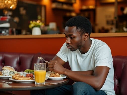 20대 초반의 아프리카계 남성이 아늑한 카페 테이블에 앉아 캐주얼한 티셔츠와 청바지를 입고 있습니다. 그는 지루한 표정을 짓고 음식을 먹고 있으며, 다양한 맛있는 음식들로 가득 찬 따뜻한 분위기 속에 있습니다. 부드러운 조명이 장면의 편안한 분위기를 강조합니다.