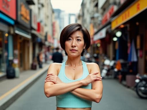 50대 초반 아시아계 여성의 반신 사진으로, 편안한 운동복을 입고 슬픈 표정과 눈물을 흘리고 있습니다. 붐비는 상점들이 즐비한 거리에서 걷고 있으면서 몸을 풀고 있는 모습으로, 그녀의 감정과 활기찬 도시 생활이 조화를 이루고 있습니다.