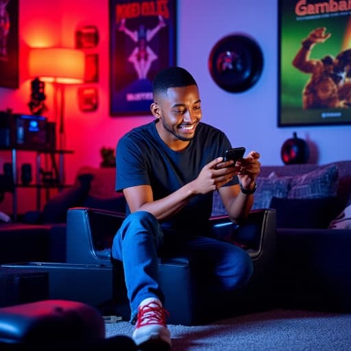 20대 초반 아프리카계 남성이 캐주얼한 티셔츠와 청바지를 입고 편안한 미소를 지으며 스마트폰을 들고 쇼핑 앱을 보고 있는 모습을 절반 몸샷으로 촬영했습니다. 배경은 다양한 게임 기기와 포스터로 꾸며진 생동감 넘치는 게임방으로, 전체적인 분위기는 편안하고 현대적입니다. 기술과 재미있는 설정에서의 상호작용을 잘 보여줍니다.
