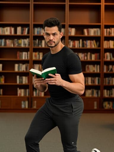 30대 후반 혼혈 남성이 편안한 스포츠웨어를 착용하고 있는 반신 촬영으로, 책을 손에 들고 자신감 넘치는 자세를 취하고 있습니다. 따뜻한 도서관 배경이 지식과 개인 성장의 분위기를 한층 더해줍니다.