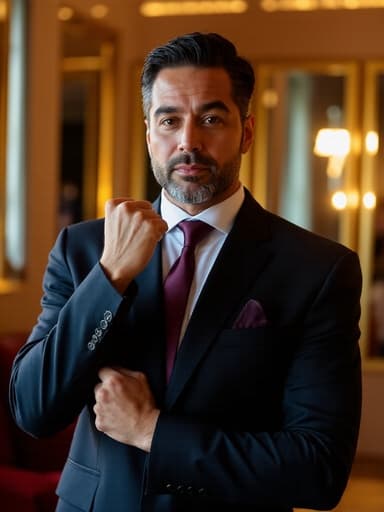 40대 초반의 자신감 넘치는 라틴계 남성이 세련된 정장과 현대적인 넥타이를 착용하고, 미러룸에서 세련된 분위기를 연출하는 반신 사진. 그의 표정은 우아하며, 주먹을 쥔 자세로 강한 의지를 표현합니다.