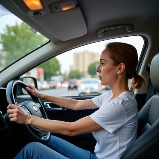 40대 중반의 중동계 여성이 캐주얼한 티셔츠와 청바지를 입고, 운전대를 잡고 약간 기울인 자세로 도로에 집중하며 불만스러운 표정을 짓고 있는 모습의 반신 촬영, 배경에는 차량과 보행자가 많은 바쁜 도시 거리 풍경이 담겨 있습니다.