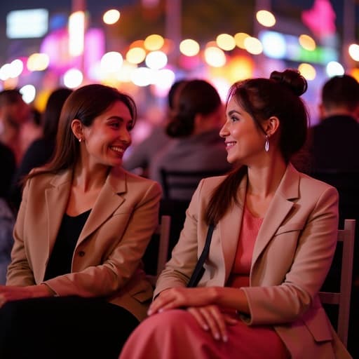 20대 후반의 유럽계 여성이 캐주얼한 원피스와 밝은 색상의 재킷을 입고 있는 반신 촬영. 그녀는 편안하게 의자에 앉아 연인을 바라보며 따뜻한 미소로 대화하고 있다. 배경은 다양한 조명과 북적이는 사람들로 가득한 활기찬 축제장으로, 기쁨과 축하의 분위기를 만들어낸다.