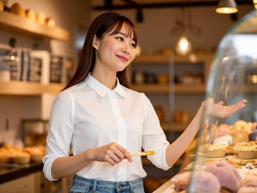 30대 중반의 한국인 여성이 아늑한 베이커리에서 자연스러운 미소를 지으며 깔끔한 화이트 블라우스와 청바지를 입고 있습니다. 그녀는 한 손에 청소 도구를 쥐고 진열대에서 간식을 즐겁게 선택하고 있습니다. 맛있는 빵과 디저트로 가득한 베이커리의 따뜻한 분위기는 그녀의 매력적인 표정과 즐거운 기분을 한층 더 돋보이게 합니다.