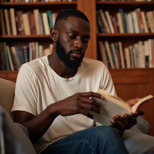 30대 초반의 흑인 남성이 아늑한 거실에 편안하게 앉아 있으며, 캐주얼한 티셔츠와 청바지를 입고 있습니다. 그는 편안한 표정을 지으며 책에 몰두하고 있고, 배경에는 따뜻한 책장이 있어 초대하는 분위기를 더합니다.