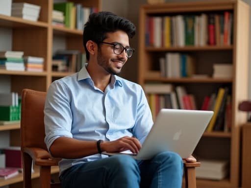 자연스러운 외모를 가진 20대 중반의 라틴계 남성이 캐주얼한 셔츠와 청바지를 입고 책으로 가득 찬 공부방에서 노트북을 사용하며 편안한 표정을 짓고 있습니다. 그는 자연스러운 미소를 짓고 있어 따뜻하고 매력적인 분위기를 만들어냅니다.