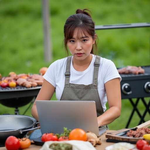 30대 중반의 한국인 여성이 편안한 복장에 앞치마를 두르고, 바베큐장이 펼쳐진 배경에서 요리 레시피를 찾으며 걱정스러운 표정을 짓고 있는 모습입니다. 그릴과 신선한 재료들로 둘러싸인 따뜻하고 초대하는 분위기입니다.