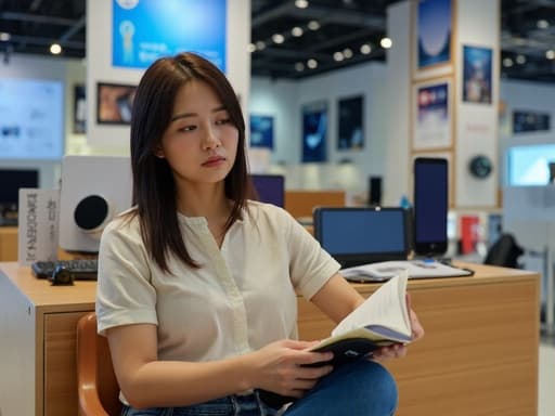 전자매장에 앉아 책을 읽고 있는 40대 중반의 한국인 여성의 반신 촬영. 캐주얼한 블라우스와 청바지를 입고 있으며, 실망한 표정을 짓고 있다. 배경에는 다양한 전자기기가 진열되어 있어 생동감 있는 대조를 이루고 있다.