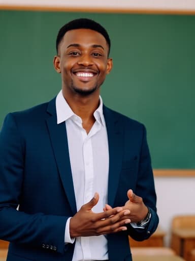 20대 중반의 자신감 넘치는 아프리카계 남성이 깔끔한 흰색 셔츠와 다크 블루 재킷을 입고 전통적인 교실에서 프레젠테이션을 준비하고 있습니다. 그는 따뜻한 미소를 지으며 프레젠테이션 자료를 정리하며 전문적이고 세련된 모습으로 서 있습니다. 배경에는 칠판과 책상이 보입니다.