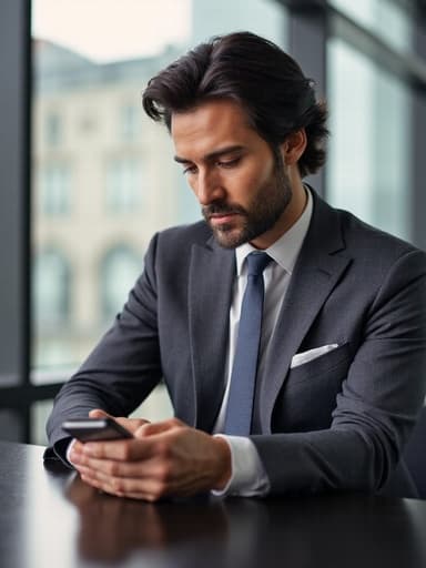 40대 초반의 자신감 있는 라틴계 남성이 깔끔한 정장을 입고 현대적인 회의 테이블에 앉아 스마트폰에 집중하고 있습니다. 그는 우아한 표정을 지으며 자신감을 표현하고 있으며, 밝고 현대적인 회의실에서 촬영되었습니다.