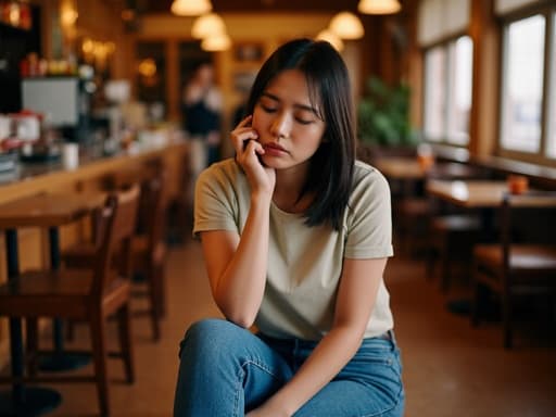 이 이미지는 아늑한 카페에 앉아 있는 10대 후반의 동양인 여성을 보여줍니다. 그녀는 캐주얼한 티셔츠와 청바지를 입고 있으며, 전화 통화를 하며 손으로 머리를 감싸고 있는 모습에서 절망적인 표정을 짓고 있습니다. 카페 배경은 따뜻하고 초대하는 분위기를 연출하며, 장면의 감정적 깊이를 더합니다.