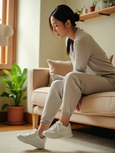 이 이미지는 40대 초반의 한국인 여성이 자연스러운 아름다움을 발산하며 편안한 운동복과 운동화를 입고 있는 반신 촬영을 보여줍니다. 그녀는 무관심한 표정을 지으며 한쪽 발을 들어올려 신발을 신는 자세를 취하고 있습니다. 아늑한 거실 배경은 소파와 식물들로 구성되어 있으며, 장면의 편안한 분위기를 더욱 강조합니다.