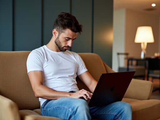 20대 후반의 유럽계 남성이 현대적인 회의실 소파에 앉아 있는 모습을 반신 촬영한 이미지입니다. 편안한 티셔츠와 청바지를 입고, 노트북에 이메일을 작성하며 지루한 표정을 짓고 있는 모습이 담겨 있습니다. 전문적이면서도 여유로운 근무 환경을 반영합니다.