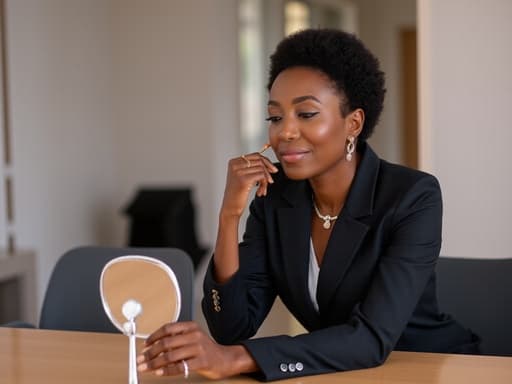 40대 중반의 아프리카계 여성은 세련된 비즈니스 정장과 액세서리를 착용하고 고급스러운 표정으로 자신감 넘치는 모습으로 반신 촬영되었습니다. 그녀는 현대적인 회의 테이블 위에 놓인 거울을 보며 화장하는 자세를 취하고 있으며, 세련된 회의 공간 배경 속에서 자신감과 세련됨을 발산하고 있습니다.