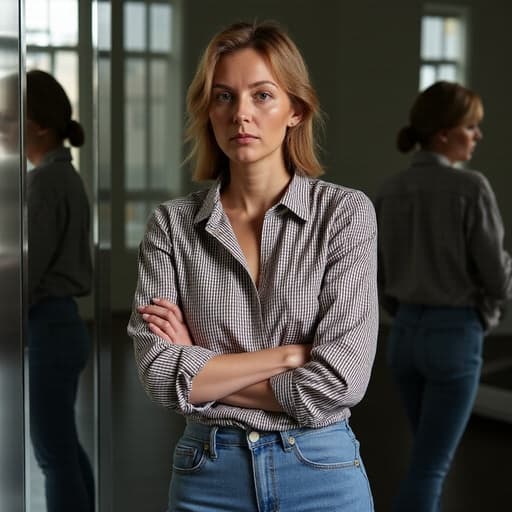 30대 후반의 백인 여성이 세련된 체크 패턴 블라우스와 스키니 진을 착용하고, 팔짱을 끼고 어딘가를 바라보며 생각에 잠긴 듯한 표정을 지은 모습의 반신 사진. 현대적인 미러룸 배경은 반사된 이미지로 독특한 분위기를 자아냅니다.