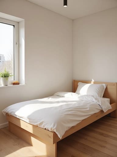 싱글 침대, 가구, 자연 목재 마감, 부드러운 리넨, 아침 햇살이 비치는 창가에 위치, 아늑한 분위기.