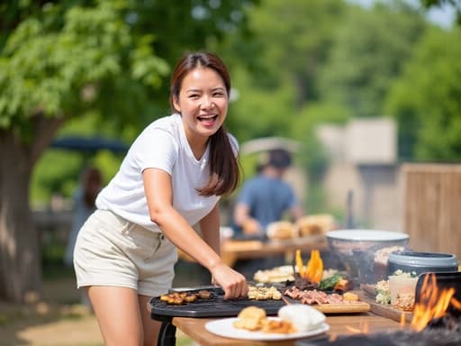 20대 후반의 자연스러운 외모를 가진 동양인 여성의 반신 샷입니다. 그녀는 캐주얼한 티셔츠와 반바지를 입고 여름의 편안한 분위기를 자아내고 있습니다. 열정적인 표정을 지으며 바베큐 그릴에 음식을 준비하는 모습으로, 재료를 능숙하게 그릴에 올리고 있습니다. 배경은 다양한 음식 재료가 놓인 활기찬 바베큐 장면으로, 모임의 생동감 넘치는 분위기를 더해줍니다. 자연스러운 조명이 그녀의 기쁨과 맛있는 음식을 강조하며 따뜻하고 초대하는 장면을 만들어냅니다.