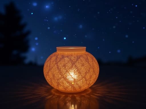 섬세한 디자인과 따뜻한 호박색 빛을 가진 부드러운 은은한 무드등이 반짝이는 별이 있는 깊은 파란 밤하늘을 배경으로 하여 차분하고 평화로운 분위기를 만들어냅니다.