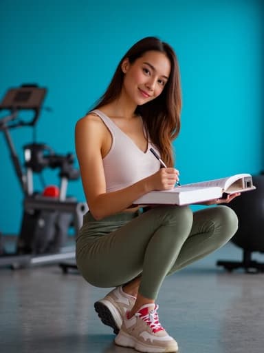 10대 후반의 백인 여성의 반신 사진으로, 편안한 운동복과 세련된 스니커즈를 착용하고 있습니다. 그녀는 편안한 표정으로 미소를 지으며 노트에 집중하여 글을 쓰고 있습니다. 배경에는 실내 운동장의 푸른 벽과 정돈된 운동 기구들이 있어 피트니스와 창의성을 자극하는 영감을 주는 분위기를 자아냅니다.