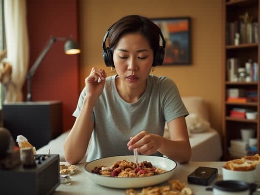 40대 초반의 동양인 여성이 편안한 복장을 하고 약간 짜증난 표정을 지으며 음악을 듣고 음식을 먹고 있는 모습의 반신 사진. 아늑한 개인 공간에는 음악 기기와 음식이 놓여 있어 따뜻한 조명이 그녀의 다중 작업 순간의 친밀한 분위기를 강조합니다.