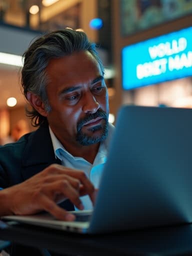 이 이미지는 50대 초반의 흑인 남성이 자연스러운 외모로 눈물이 맺힌 채로, 스타일리시한 캐주얼 셔츠와 청바지, 가벼운 재킷을 입고 노트북을 사용하고 있는 반신 사진을 담고 있습니다. 화려한 조명이 비추는 쇼핑몰의 다양한 상점들이 배경에 있어 감정적이면서도 역동적인 장면을 연출합니다.