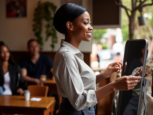 40대 중반의 아프리카계 여성의 반신 샷으로, 비즈니스 캐주얼 스타일의 옷을 입고 거울 앞에서 밝게 웃으며 옷을 정리하는 모습이 아늑한 카페에서 다른 손님들과 함께하는 모습이 담겨 있습니다.
