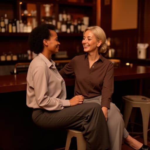 아늑한 바에서 세련된 블라우스와 슬랙스를 입은 50대 초반 아프리카계 여성이 다리를 꼬고 앉아 연인과 열정적인 대화를 즐기며 따뜻하게 미소 짓고 있는 반신 사진, 부드러운 조명 아래에서.