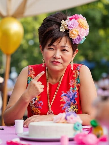 50대 초반의 아시아계 여성이 색색의 생일 의상을 입고 화려한 액세서리를 착용한 채 불만스러운 표정을 지으며 야외 생일 파티에서 테이블을 가리키고 있는 반신 사진. 햇살이 비추는 생일 파티의 테이블 위에는 케이크와 장식들이 놓여 있다.