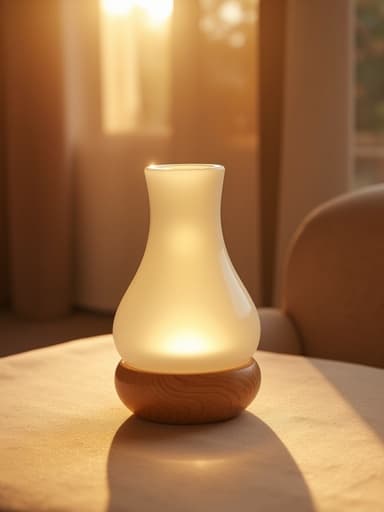 따뜻한 황금빛 노을 속의 향수 디퓨저가 따뜻한 분위기를 연출합니다.