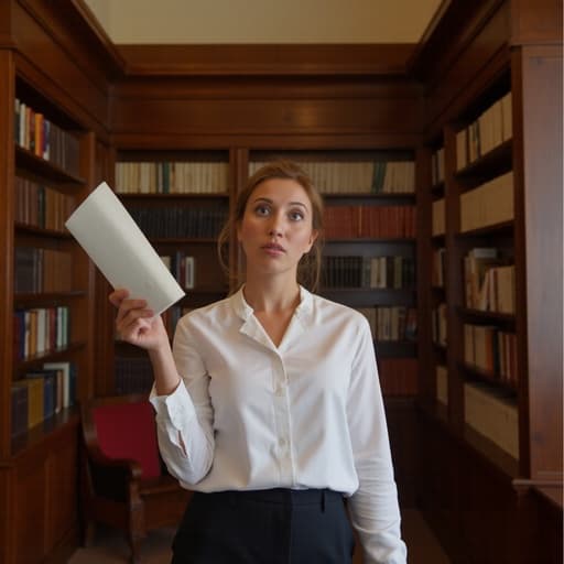 이미지는 40대 초반의 유럽계 여성이 편안한 오피스 스타일의 블라우스와 팬츠를 입고 책을 들고 놀란 표정으로 읽고 있는 모습입니다. 반신 촬영으로 잡힌 그녀의 모습은 조용한 도서관의 책장이 배경으로 사용되어 전체적인 분위기를 한층 더 부각시킵니다.