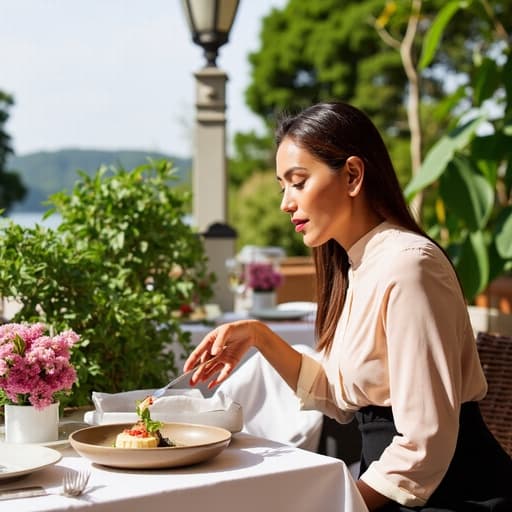 아름다운 레스토랑 테라스에서 우아한 블라우스와 스커트를 입고 음식을 맛보며 우아한 표정을 짓고 있는 40대 초반의 혼혈 여성의 반신샷, 세련된 분위기를 보여줍니다.