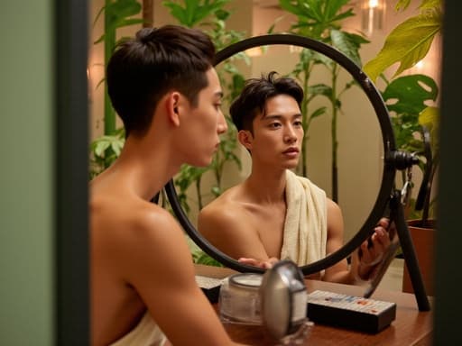 자신감 넘치는 10대 후반의 동양인 남성이 아늑한 스파 환경에 앉아 있습니다. 그는 수영복 위에 가벼운 수영 타올을 두르고 있으며, 앞에 놓인 테이블에서 화장품을 바르며 거울을 바라보고 있습니다. 배경에는 다양한 식물과 부드러운 조명이 어우러져 스파의 아늑한 분위기를 더하고 있습니다. 반신 촬영은 그의 매력적인 표정을 담아내어, 젊은 에너지와 자기 관리의 편안한 분위기를 잘 보여줍니다.