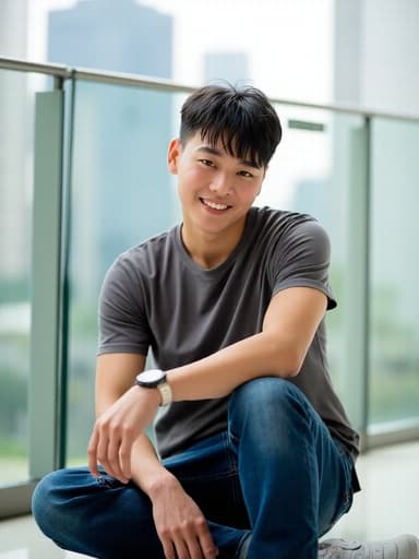 20대 초반의 한국인 남성이 캐주얼한 티셔츠와 청바지를 입고 아름다운 도시 경관이 보이는 베란다에 앉아 있습니다. 자신감 넘치는 표정과 무릎 위에 손을 올려놓은 편안한 자세가 세련되고 매력적인 분위기를 만들어냅니다.