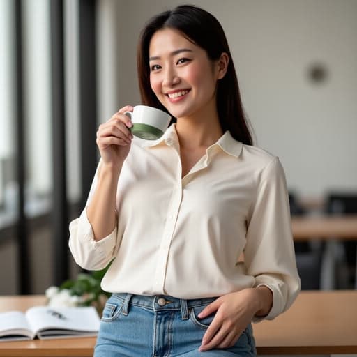 20대 중반의 동양인 여성이 캐주얼 블라우스와 청바지를 입고 정돈된 사무실에서 커피를 마시며 친근한 미소를 짓고 있는 반신 사진입니다.