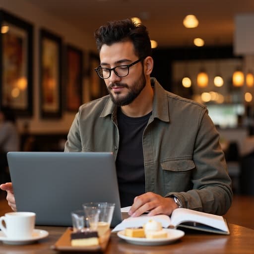 30대 후반의 혼혈 남성이 자연스러운 외모를 가진 매력적인 반신 촬영입니다. 편안한 티셔츠에 캐주얼한 자켓을 입고 있으며, 트렌디하면서도 편안한 느낌을 줍니다. 그의 표정은 열정적이며, 학습에 대한 강한 의지를 보여주고 있습니다. 그는 아늑한 카페 테이블 위에 펼쳐진 노트북과 열린 책들을 집중해서 바라보고 있습니다. 배경은 따뜻하고 초대하는 느낌의 카페 내부로, 다양한 커피와 디저트가 테이블 위에 놓여 있어 생산성과 열정이 가득한 분위기를 조성합니다.