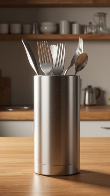 식기 홀더, 주방용품, 식사 액세서리, 홈 필수품, 따뜻하고 사실적인, 나무 조리대, 배경에 흐릿한 주방 요소.