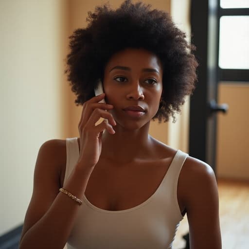 30대 초반의 흑인 여성이 자연스러운 외모를 가지고 편안한 요가복을 착용한 반신 사진입니다. 그녀는 전화기를 귀에 대고 아래를 바라보며 혼란스러운 우울한 표정을 짓고 있는 모습이 부드러운 조명이 있는 요가 스튜디오에서 촬영되었습니다.