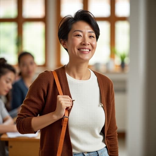 50대 초반의 동양인 여성이 자연스러운 외모로, 가벼운 스웨터와 청바지를 입고 따뜻하게 미소 지으며 어깨에 가방을 메고 있는 반신 사진. 밝고 아늑한 교실 환경이 배경으로 교육적인 분위기를 담고 있습니다.