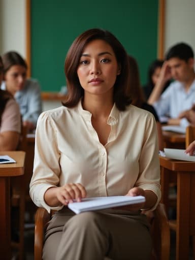 40대 중반의 혼혈 여성으로, 자연스러운 외모를 지닌 사람이 편안한 블라우스와 슬랙스를 착용하고 강의실 환경에서 의자에 앉아 강의에 집중하며 메모하는 모습의 반신 샷입니다. 배경에는 책상과 칠판이 보이며, 교육적인 분위기가 잘 드러납니다.