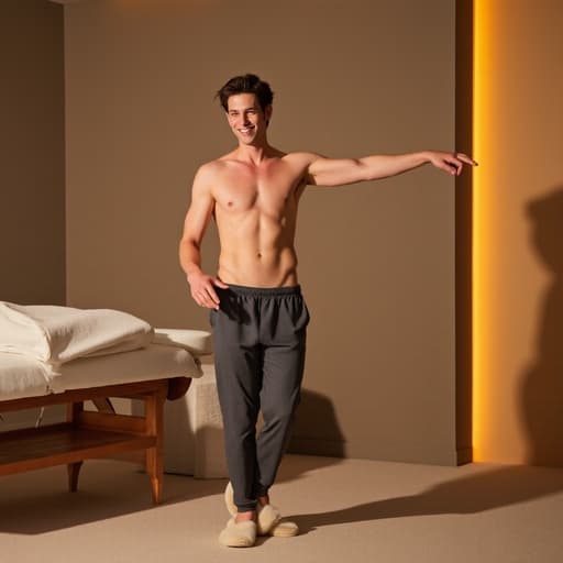 40대 초반의 백인 남성이 편안한 운동복과 슬리퍼를 착용하고 마사지 테이블 옆에서 장난스럽게 춤추고 있습니다. 그의 자연스러운 미소는 아늑한 스파 환경에서 부드러운 조명이 만들어내는 차분한 분위기와 잘 어우러집니다.