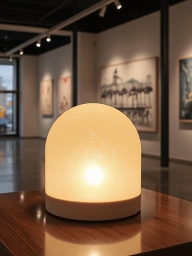 아트 갤러리의 무드등으로 부드러운 빛, 섬세한 유리 질감, 따뜻한 주변 빛이 있는 평화롭고 초대하는 분위기를 연출합니다.