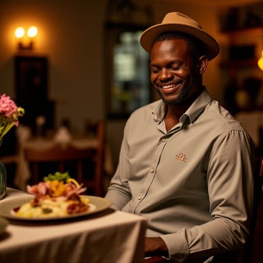 30대 초반의 흑인 남성이 아늑한 레스토랑에서 편안한 셔츠와 바지를 입고 앉아 있습니다. 그는 테이블 위의 맛있는 음식을 바라보며 평온한 표정으로 미소를 짓고 있으며, 부드러운 조명이 따뜻한 분위기를 만들어 특별한 기념일을 축하하기에 적합한 친밀한 장면을 연출합니다.